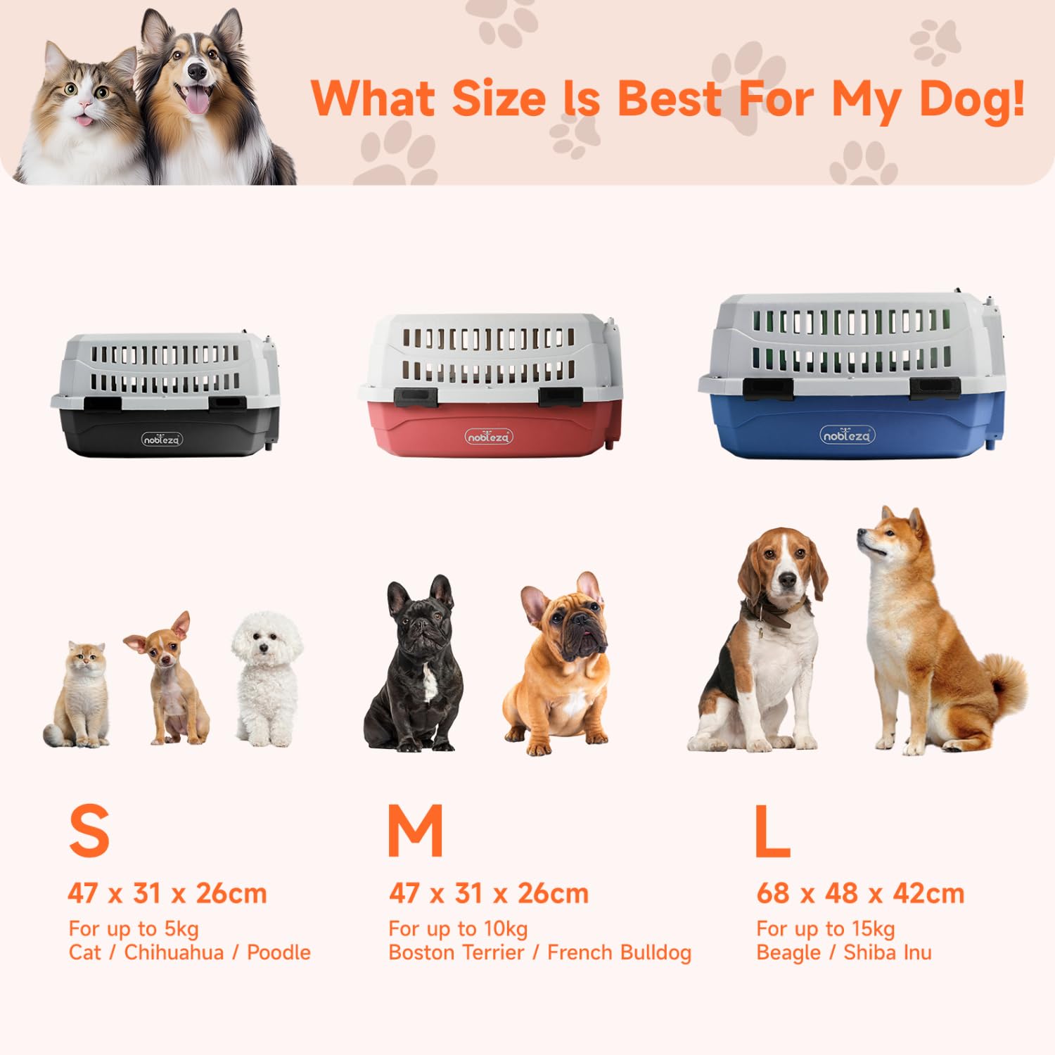 Nobleza Transportín para Gatos y Perros Mediano - Transportín de Plástico Portátil y Transpirable， Certificado para Viajes en Avión， 58x38.7x33 cm， Azul & Gris