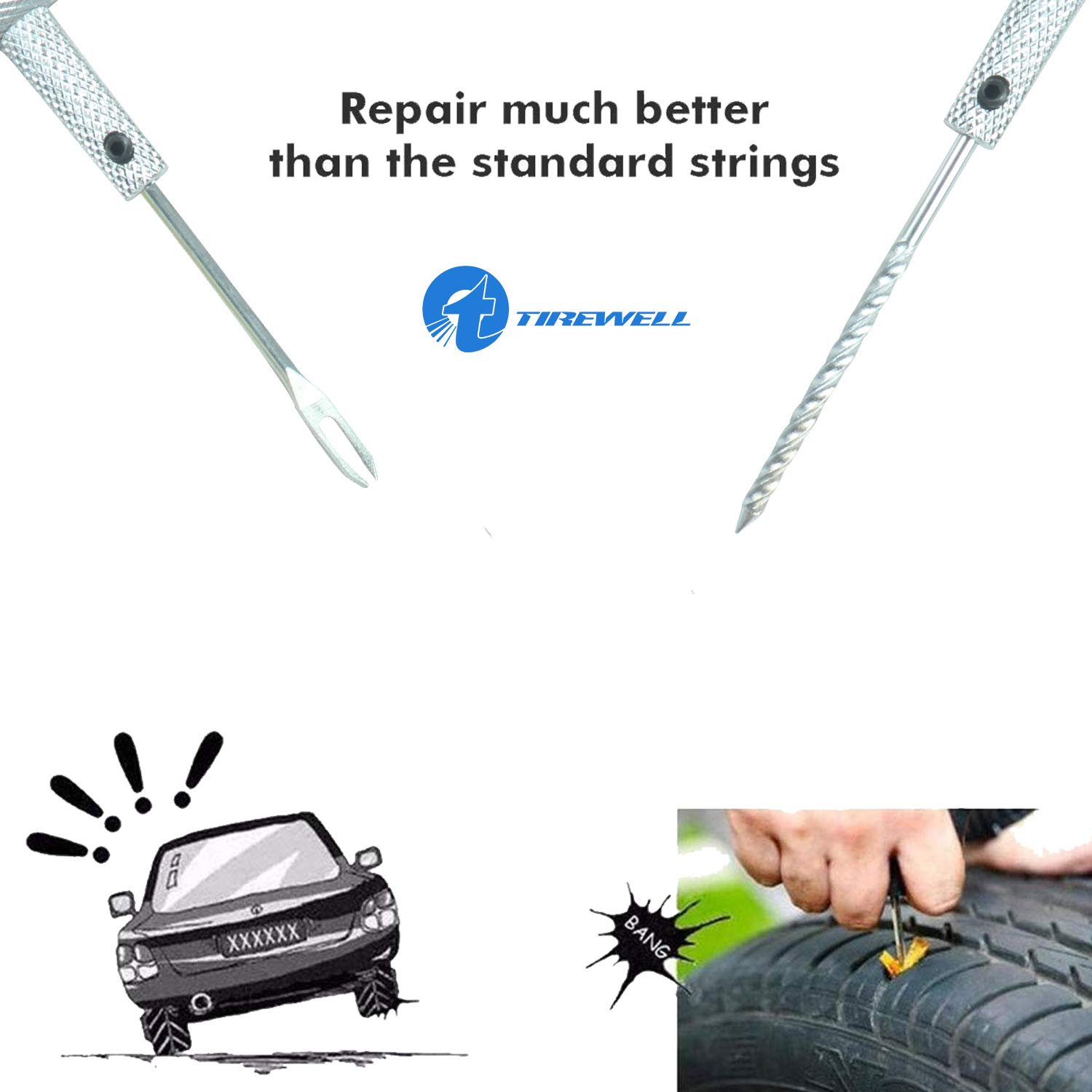 Tirewell TW-5004 Universal Tubeless Tire Puncture Repair Kit Portable Car Motorcycle Flat Tyre Puncher Box (Reamer, Probe, 5 String Plugs, Rubber Solution, Cutter, 1 Probe Head & Fuse) 2