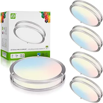 ASD LED Close to Ceiling Flush Mount Light Fixture | Frosted Round Double Ring Lighting Lamp | 10 Inch 16W 120V 1050LM 3000K/4000K/5000K Adjustable | Dimmable, Energy Star, ETL | Nickel, 4 Pack