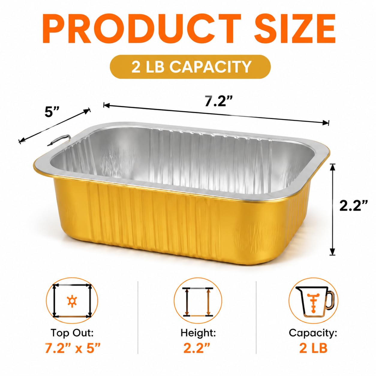 Paquete de 40 sartenes de aluminio resistentes doradas de 8.7 x 6 x 1.8 pulgadas con tapas, recipientes de papel de aluminio de 35 onzas/2.2 libras de capacidad con tapas, sartenes de aluminio