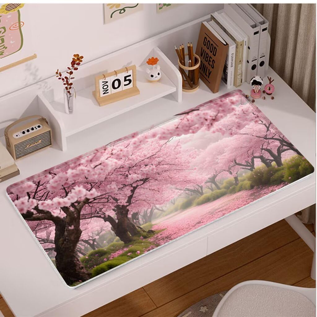 Różowa podkładka pod mysz Duża podkładka na biurko 1400 x 600 x 3 mm, wodoodporna podkładka pod mysz kwiaty wiśni podkładka pod mysz do gier z zszytymi krawędziami, podkładka pod mysz z antypoślizgową