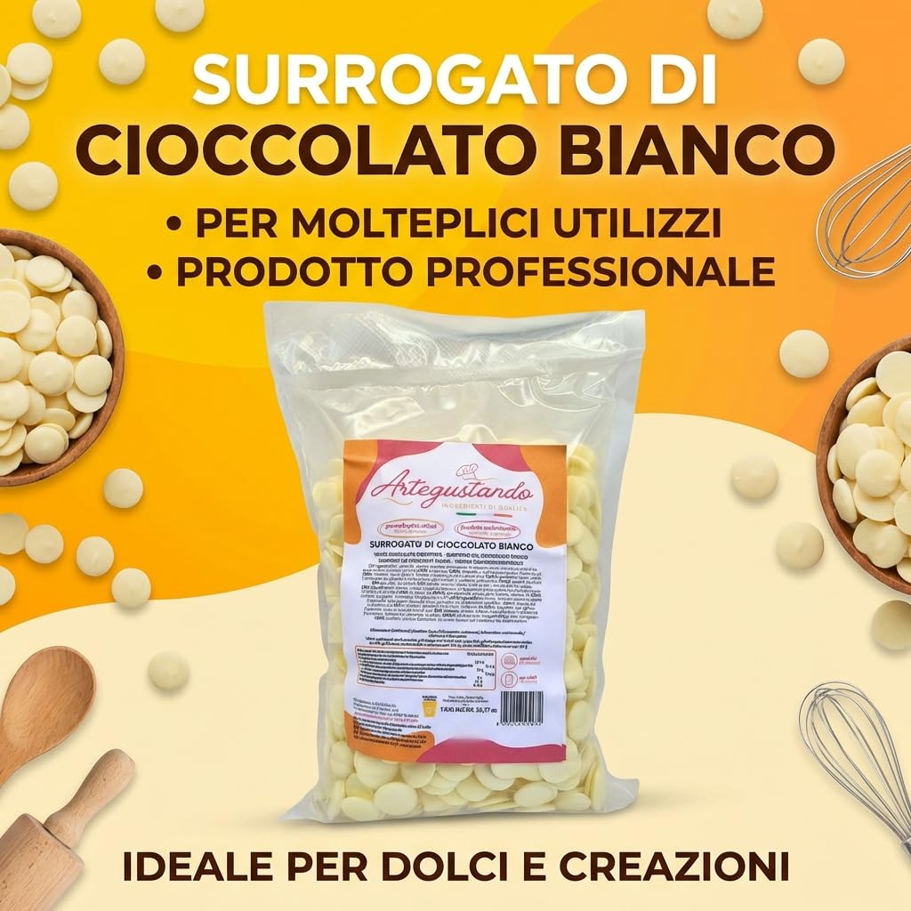 Artegustando Surrogato di Cioccolato Bianco a dischi 1 kg Professionale Alta Qualità Italiana – Senza Glutine Con Latte e Siero di Latte – Per Pasticceria e Dolci