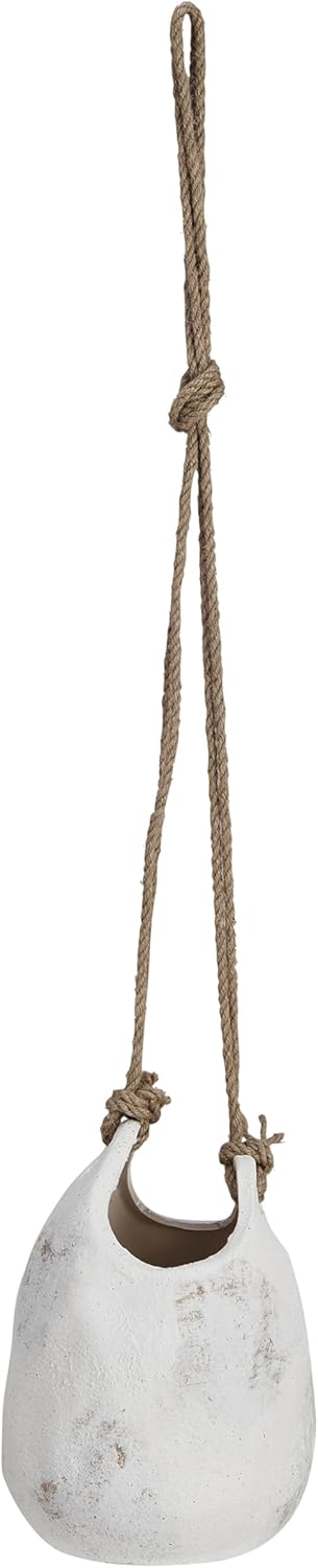 Creative Co-Op Hanging Stoneware Planter with Jute Rope Hanger and Distressed Volcano Finish, White