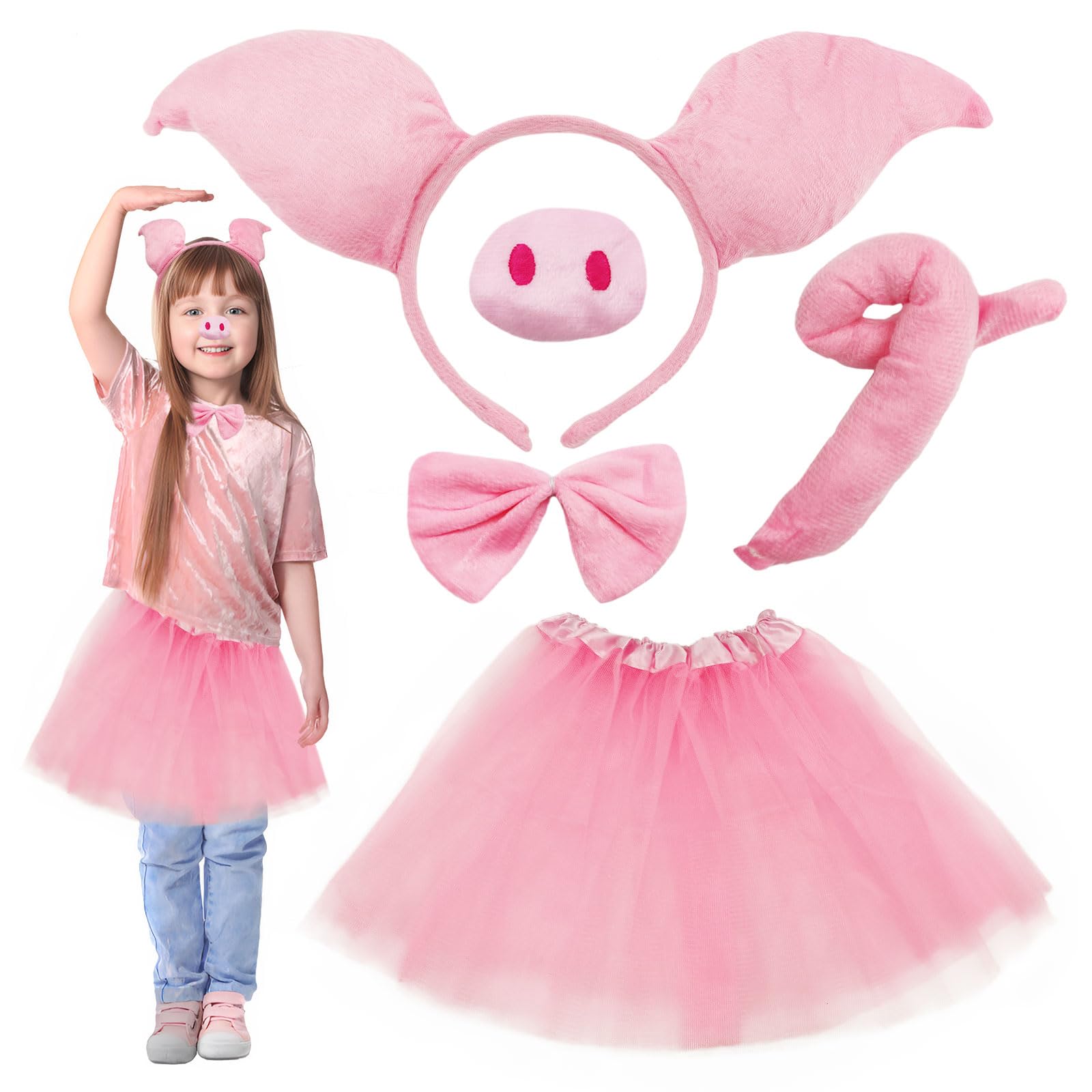 SKHAOVS 5 Pieces Pig Costume Set, Tutu Skirt Costume Ears Tail and Bow Tie Set, Pink Animal Pig Ear Headband, Pink Pig Fancy Dress Costume Kit for Kids Halloween Party, Costume Parties