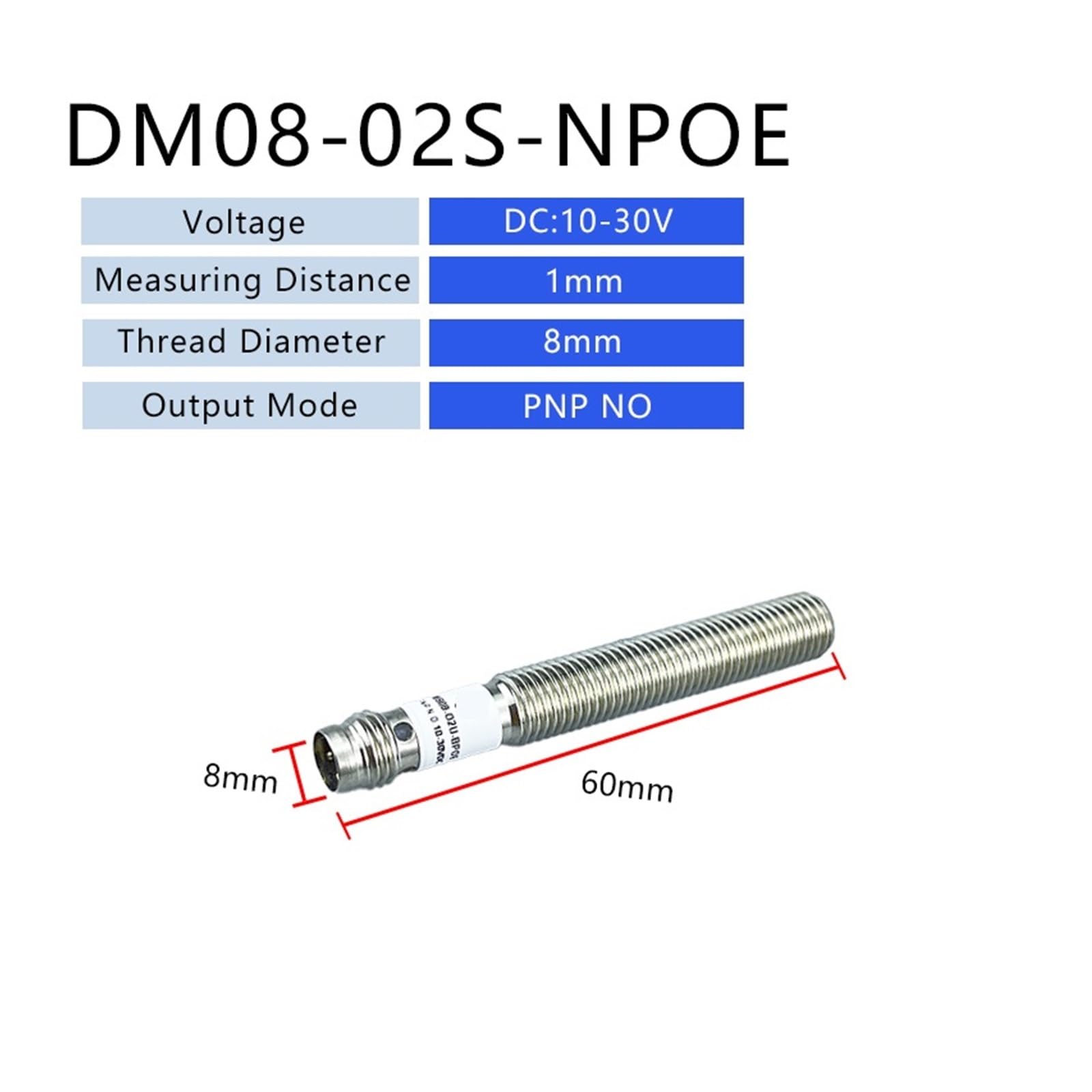 Indukcyjny czujnik zbliżeniowy z wtyczką M8 3/4 Pin, pasuje do RAS, NPN/PNP, wykrywanie odległości: 1 mm/2 mm, 6-36 V CC(DM08-02S-NPOE)