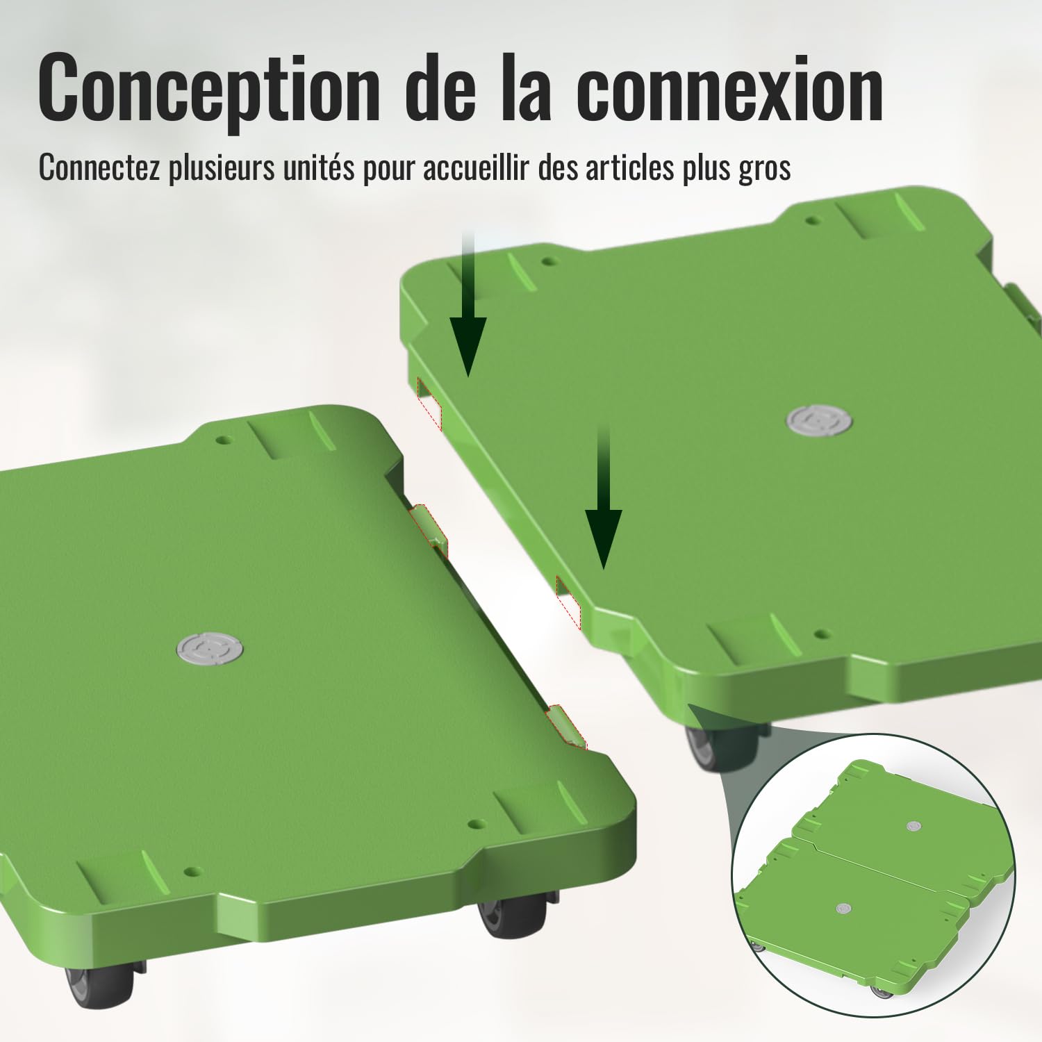 Chariot à roulettes Plat 42 x 29 cm, Design splicable, capacité 227 kg, roulettes pivotantes 5 cm pour Tous sols, idéal pour Maison, Bureau, Garage avec 2 Sangles élastiques (Lot de 2, Vert)