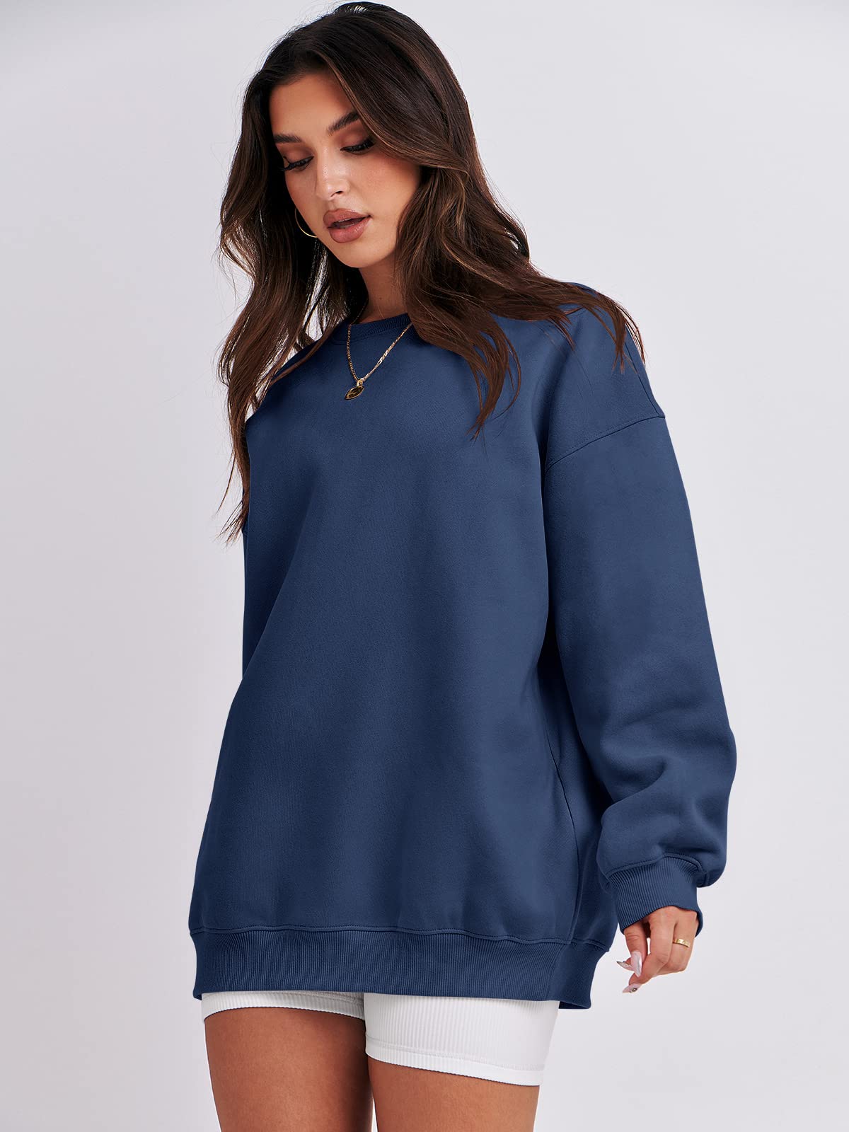 Damskie bluzy oversize bluzy z kapturem polar okrągły dekolt sweter top codzienne jesienne stroje preppy ubrania nastolatki 2024 A1019 światło, Jeden kolor, Navy Blue_XL