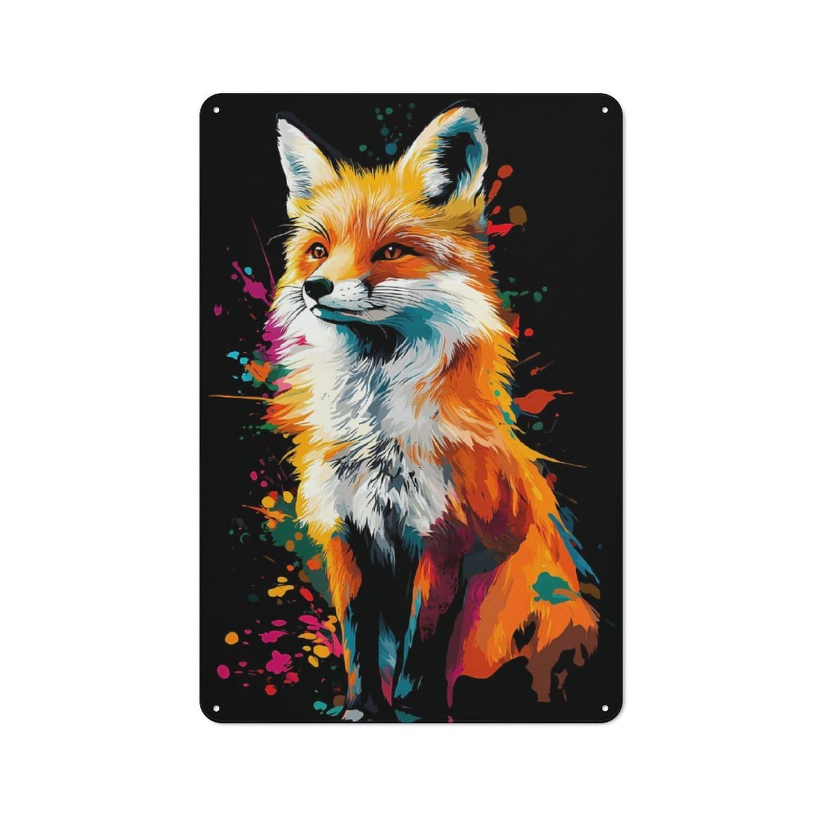 Junmoney Colorful Fox Portrait On Black Background Tin Wall Plaque 30X20cm With For Living Room Or Hallway, For Garage, Workshop And Man Cave Decoration