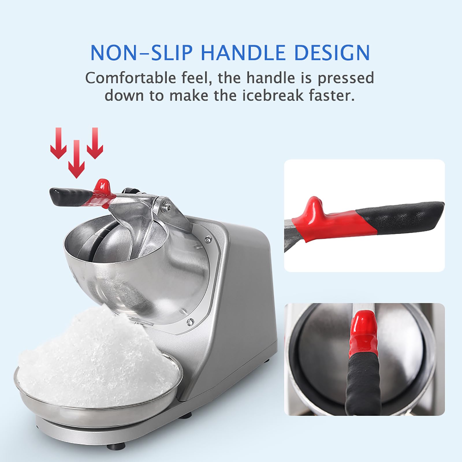 Tritaghiaccio Elettrico con spegnimento Automatico di Sicurezza, Ciotola in Acciaio Inox Facile da Pulire, Ideale per ristoranti e Bar, Perfetto per preparare Bevande Fredde e Dessert. (Red)