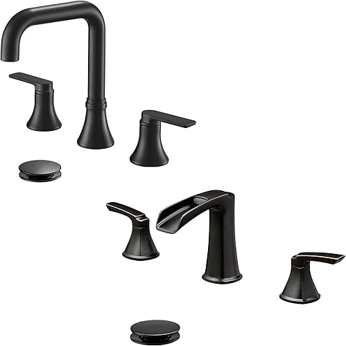 HOIGY Grifo de baño negro generalizado de 360 grados giratorio para fregadero de 3 agujeros de 4 a 10 pulgadas, 2 manijas de latón con drenaje