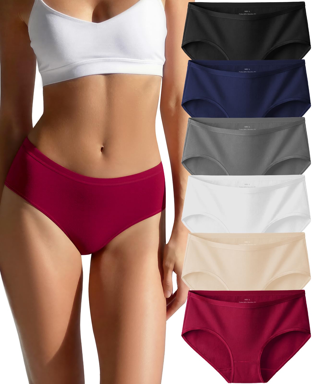 Cotton Hipster Panties for Women Mid Rise Underwear Breathable Cheeky Full Coverage Ladies Briefs 6-Pack