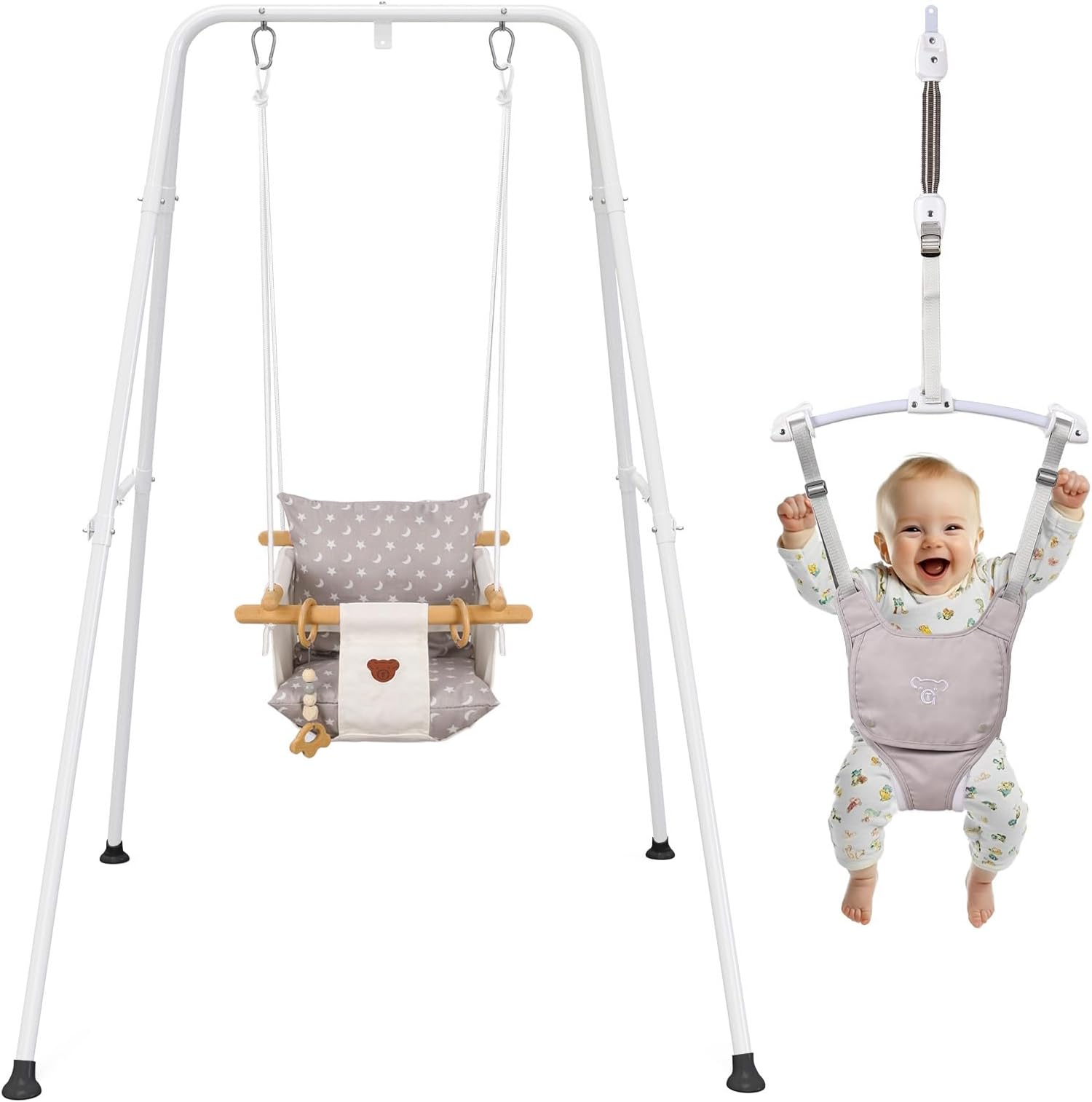 2 in 1 Baby Jumper & Swing, Baby Jumper for Indoor and Outdoor Use, Toddler Swing with Foldable Stand, Stable Bouncer Jumper（White）
