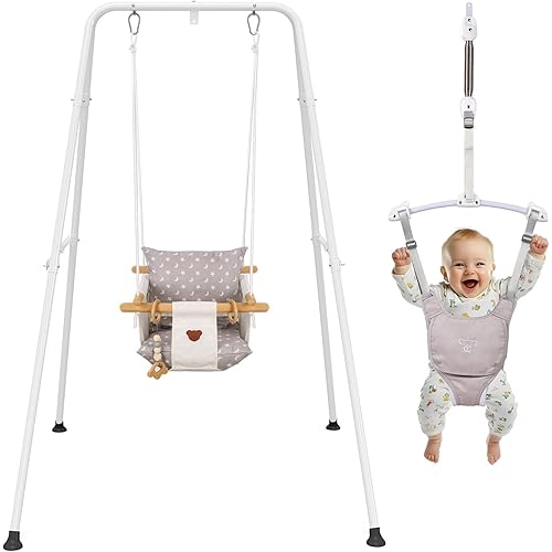 2 in 1 Baby Jumper & Swing, Baby Jumper for Indoor and Outdoor Use, Toddler Swing with Foldable Stand, Stable Bouncer Jumper（White）