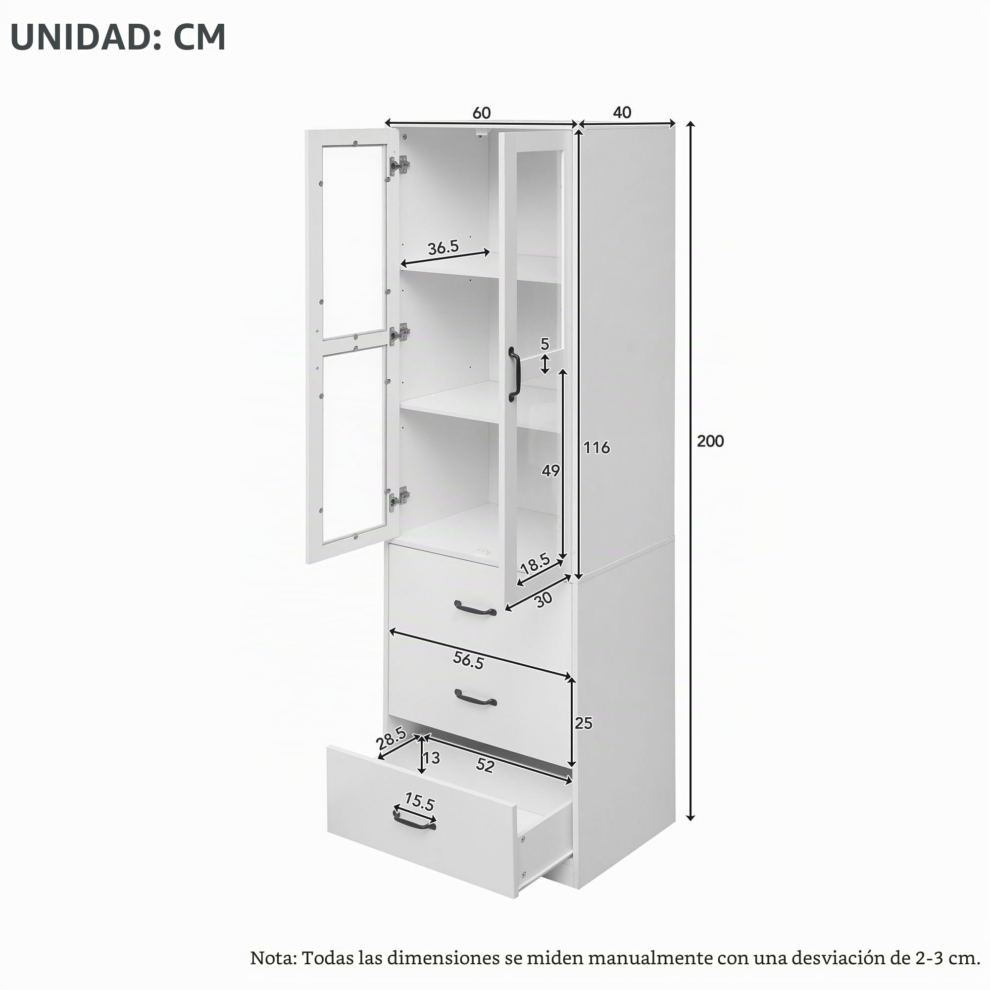 Vitrina blanca 200 cm, 3 cajones, 2 divisores móviles, 2 puertas de cristal, iluminación LED - adición elegante
