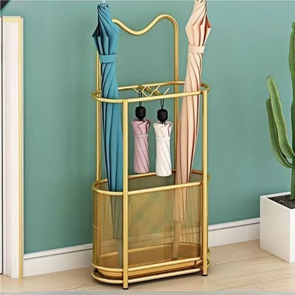 Elegante portaombrelli in metallo robusto con cuscinetti antiscivolo, supporto per ombrello da ingresso e gancio per riporre oggetti, design moderno per l'organizzazione della casa