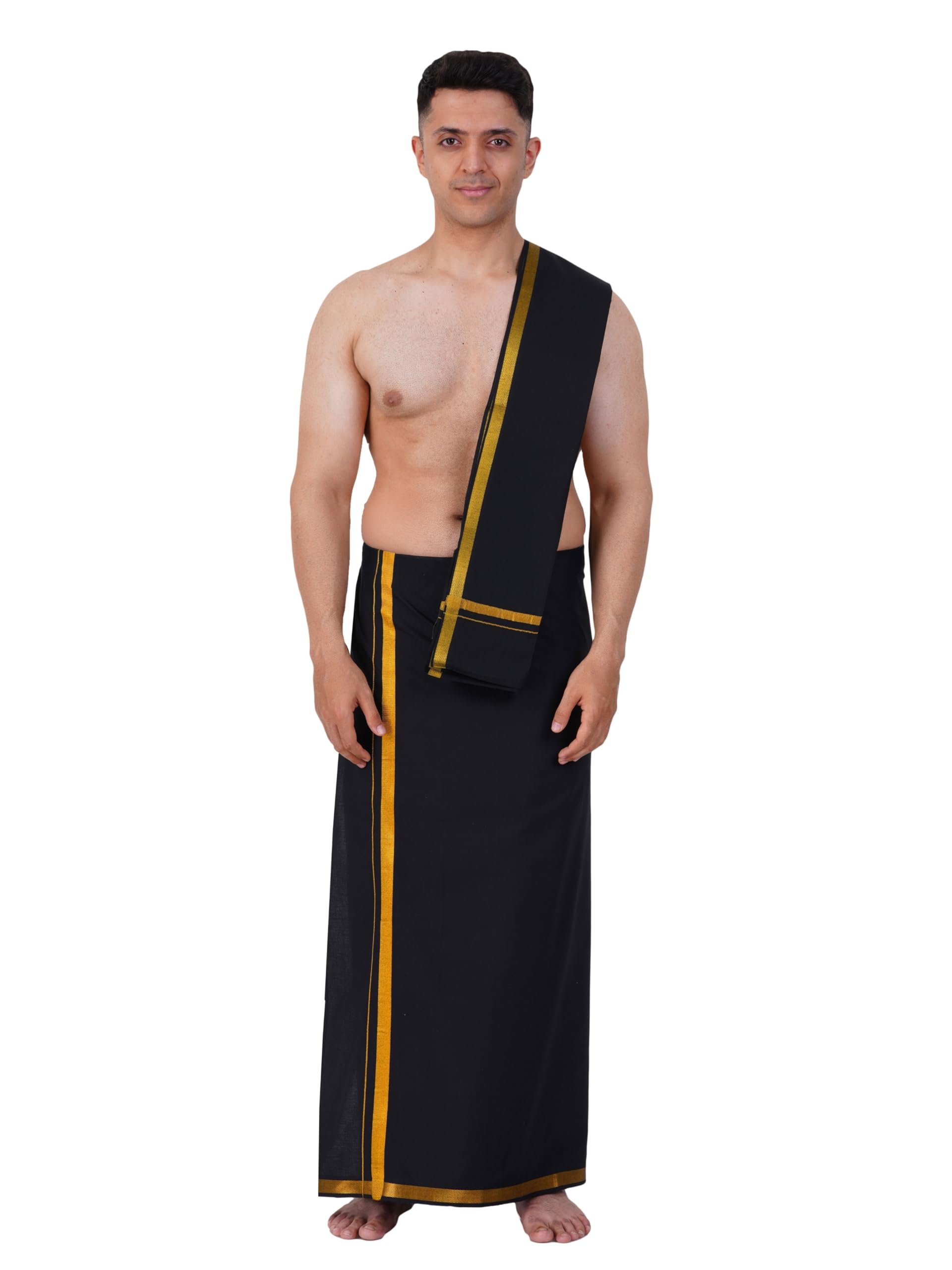 Prakasam Cotton Mens Black Colour Jari Cotton Dhoti And Angavastram Set (1.28X2.00 Meter Dhoti, 36X1.80 Towel)-(Black-003)
