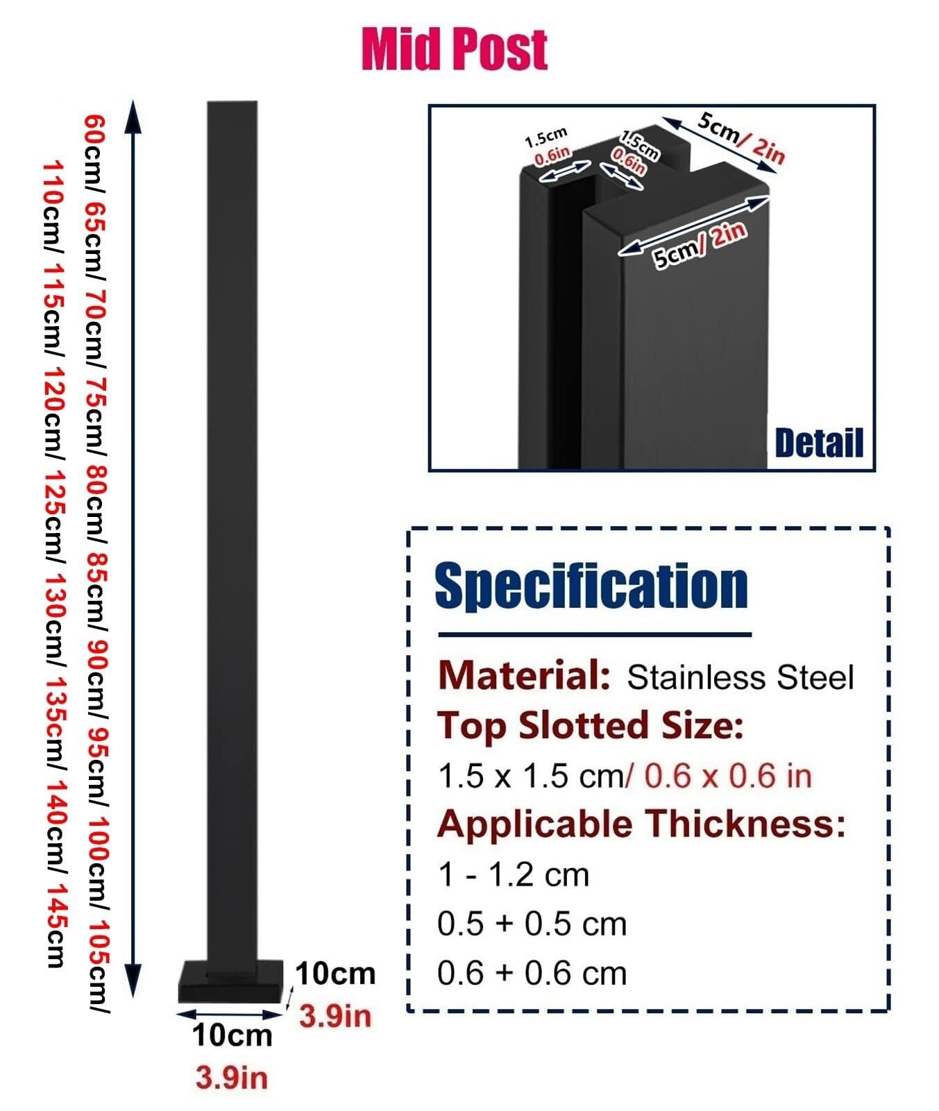 Poteau de balustrade en acier inoxydable noir pour balcon, escalier, terrasse, 120 cm de hauteur avec système de fixation par pince, poteau central H 120 cm