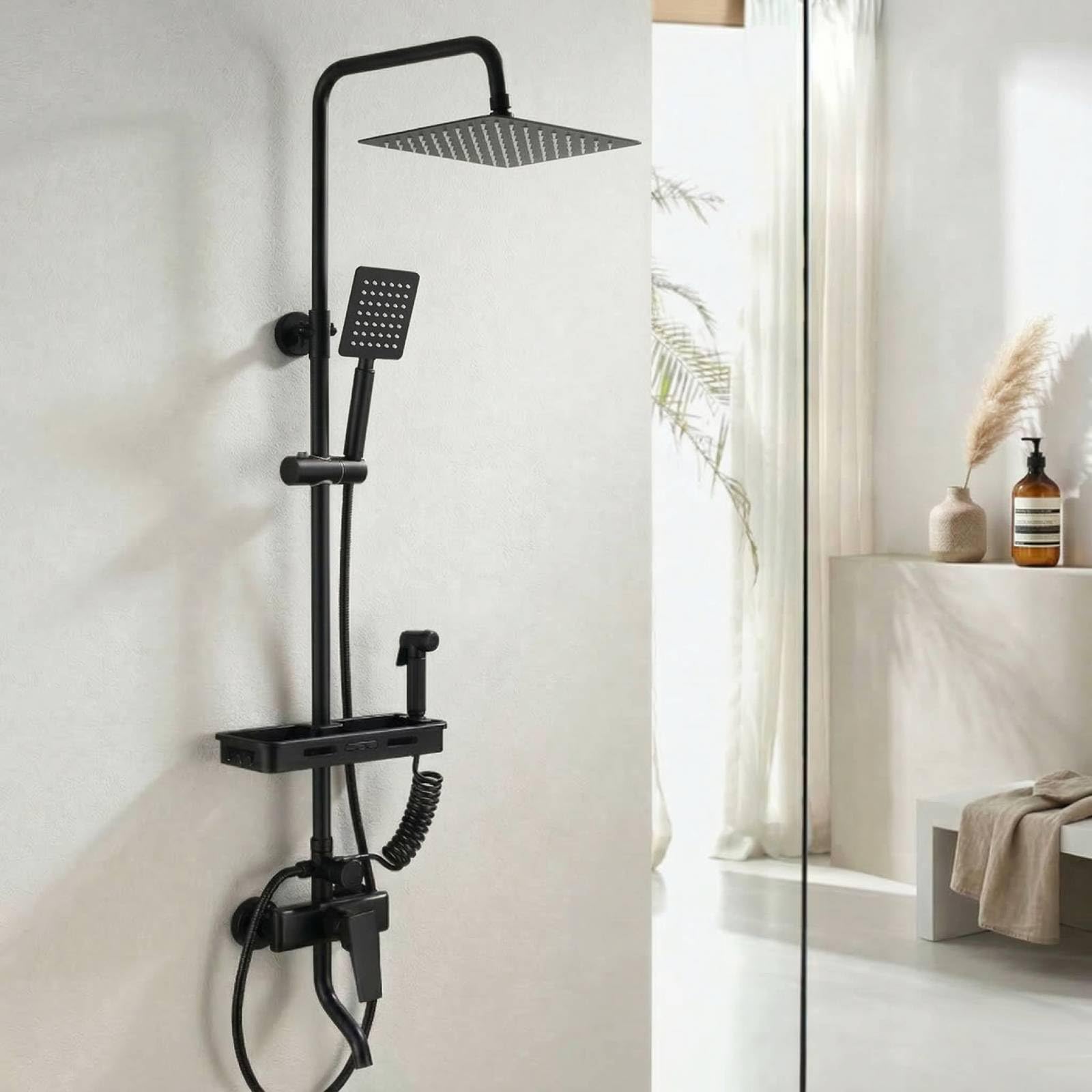 4 Modos Columna de Ducha con Grifo, Acero inoxidable Rociador superior/Ducha de mano, Lluvia Columna de Baño Multifuncional Altura Ajustable 72-115cm