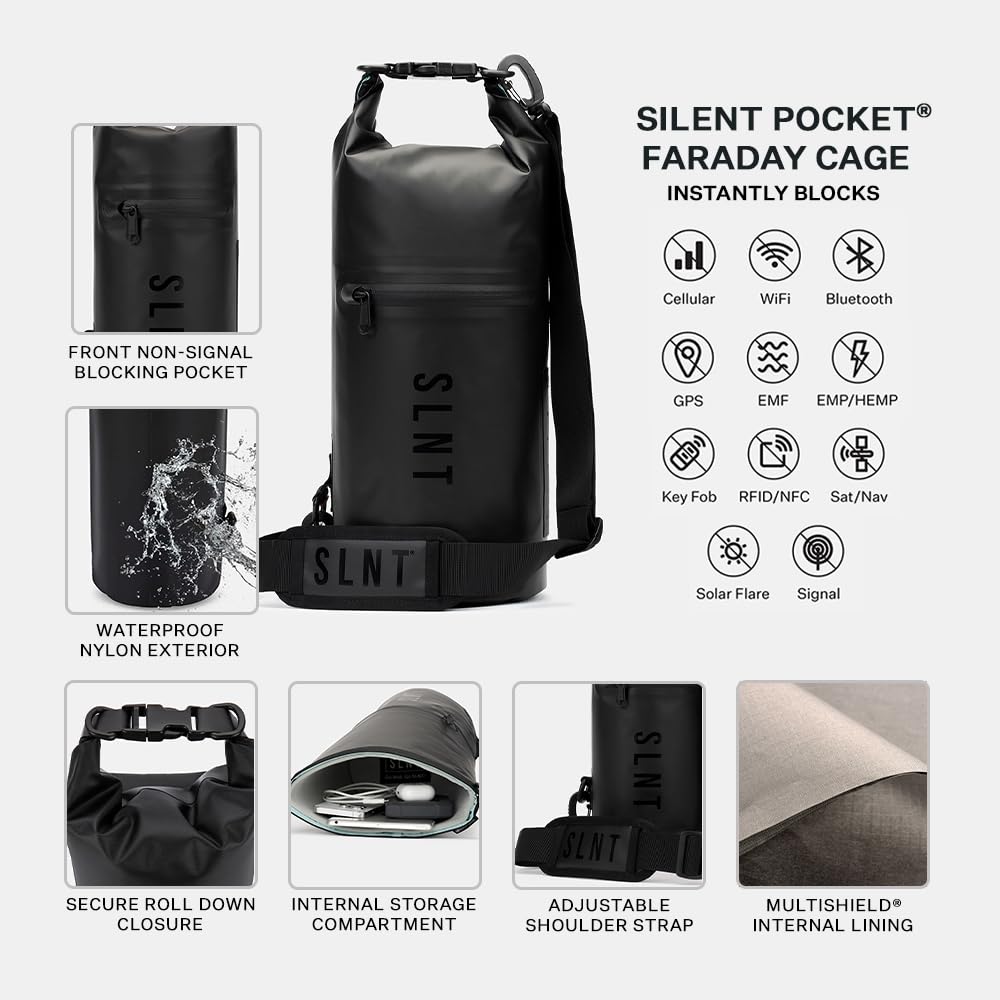 Silent Pocket SLNT Bolsa seca Faraday de nailon militar 10 litros, bloqueo de señal RFID, mochila impermeable para electrónica