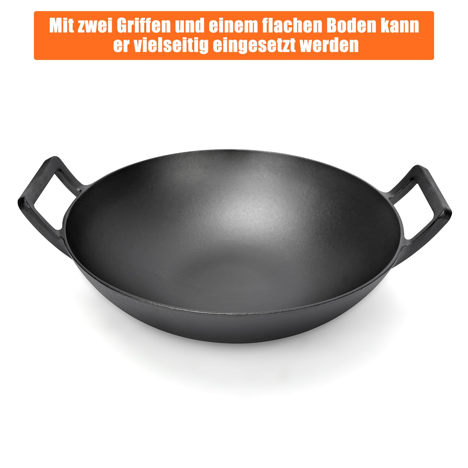 GFTIME Żeliwny wok Ø 36 cm, do grilla gazowego, do kuchenek indukcyjnych, ogniowych, żeliwnych patelni wok do Weber Spirit, Genesis Gourment, do grilla 57 cm