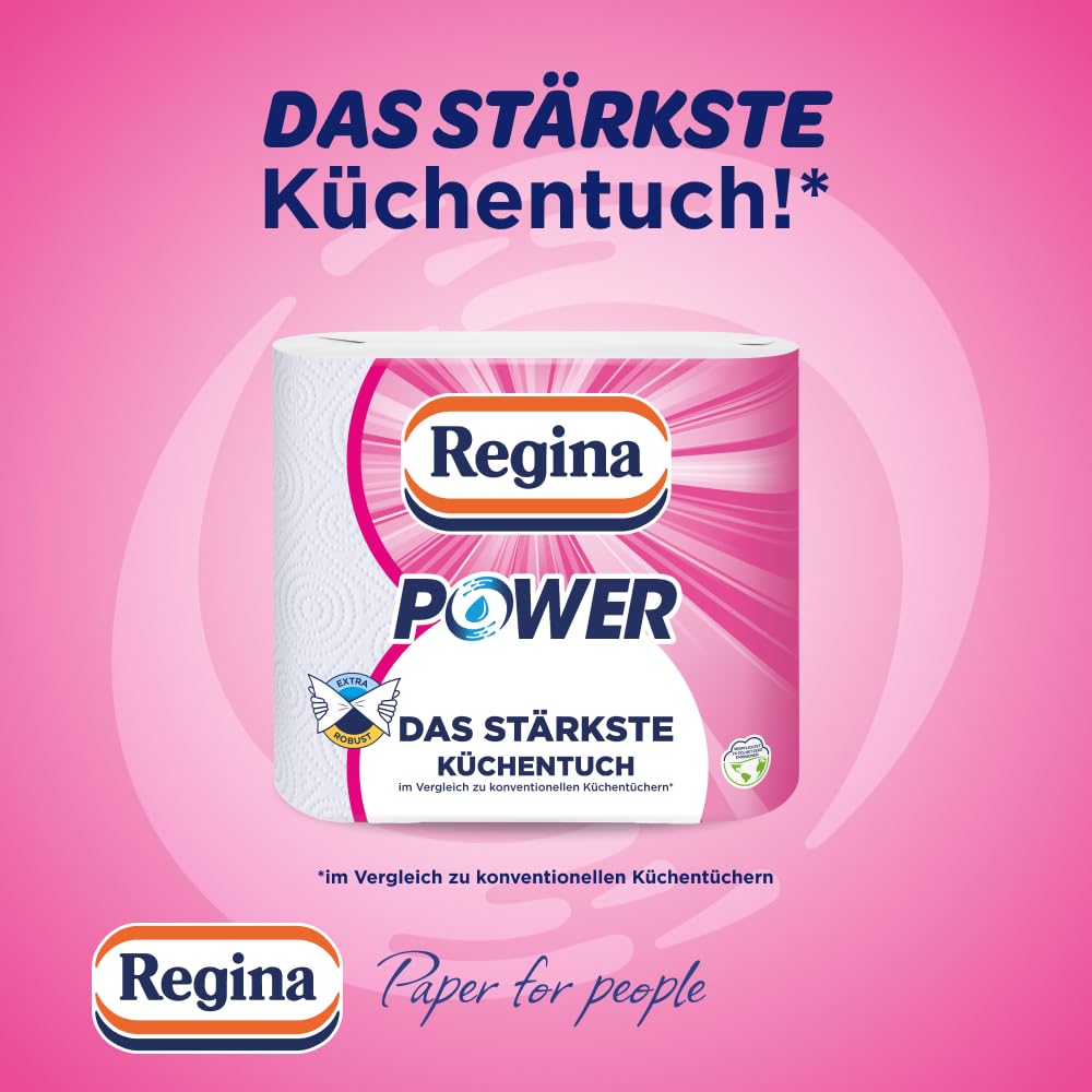 Regina Power, 24 Küchenrollen Küchentücher, 2-lagig | 43 Blatt pro Rolle, Ultrastarke Papiertücher für den ganzen Haushalt, Verpackung aus recycelbarem Papier, FSC Papier