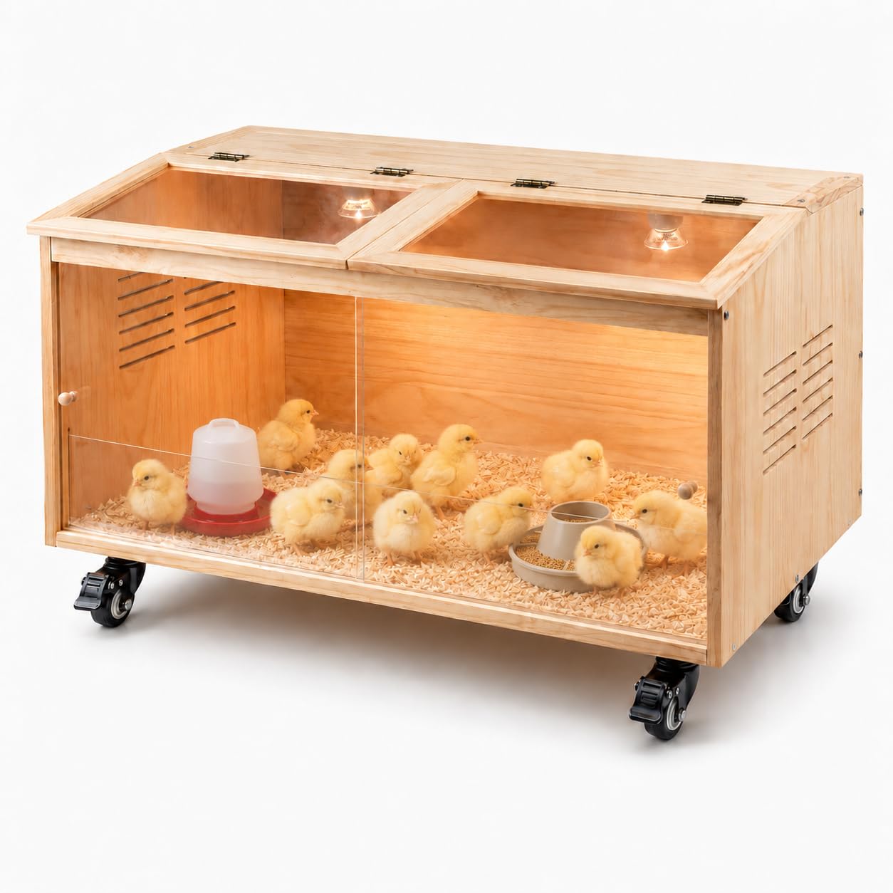 Caja de cría de pollos de madera para pollitos con termostato y soporte de lámpara de cerámica, 2 lámparas de calefacción y ruedas de freno, paneles sólidos de 1,5 cm de grosor para pollitos