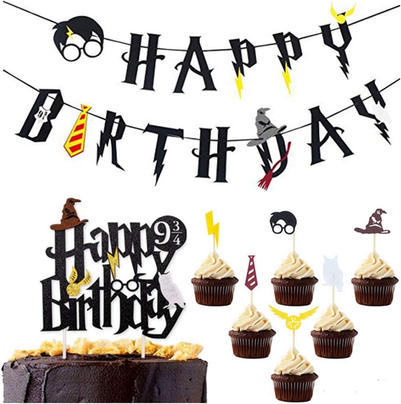 SKEIDO Harry-Potter Birthday Party Decoration Set Happy Birthday Banner Cake Topper Cupcake Toppers Magic Theme Party Decorations
