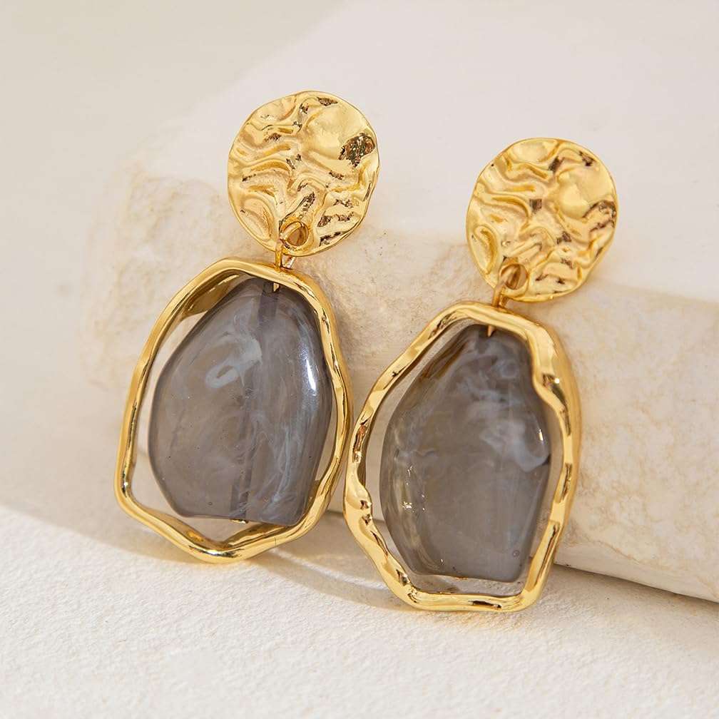Y2k Chunky Brown Resin Dangle Statement Earrings for Women Vintage Gold Enamel White Gray Drop Dangly Pleated Earring Trendy Large Aesthetic Jewelry - Image 5