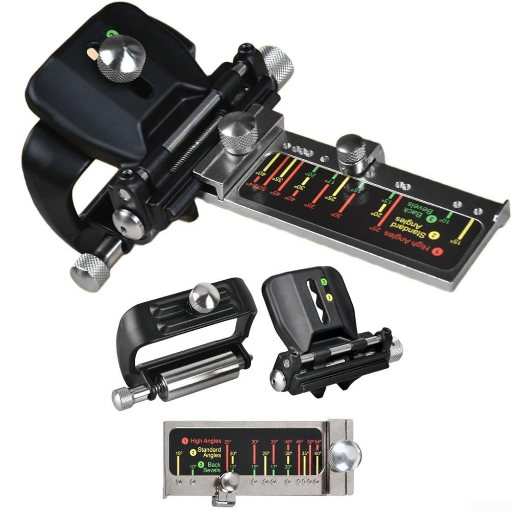 Guide d'affûtage pour le travail du bois avec angle réglable pour ciseaux et rabots avec construction robuste en alliage d'aluminium et support d'affûtage stable