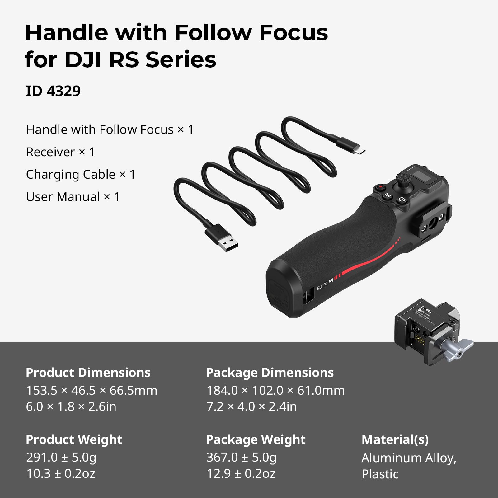 SMALLRIG-Griff mit Follow Focus für DJI RS 2 / RS 3 Pro/RS 4 / RS 4 Pro/RS 5 Gimbal-Stabilisator, Griff mit 1/4"-20 Positionierungslöchern und Einer Cold Shoe-Halterung, Max. Belastung 4,4 lb -4329 | Griff mit 1/4-Zoll-20 Positionierungslöchern und Kaltsc