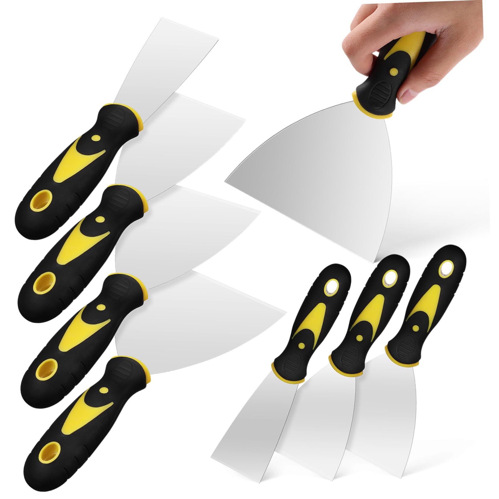 WOONEKY Spatole per Stucco Professionali Set 8 Pezzi in Acciaio Inossidabile Flessibili per Rimozione Graffi con Manico Utensili per Pareti e Riparazioni Murarie