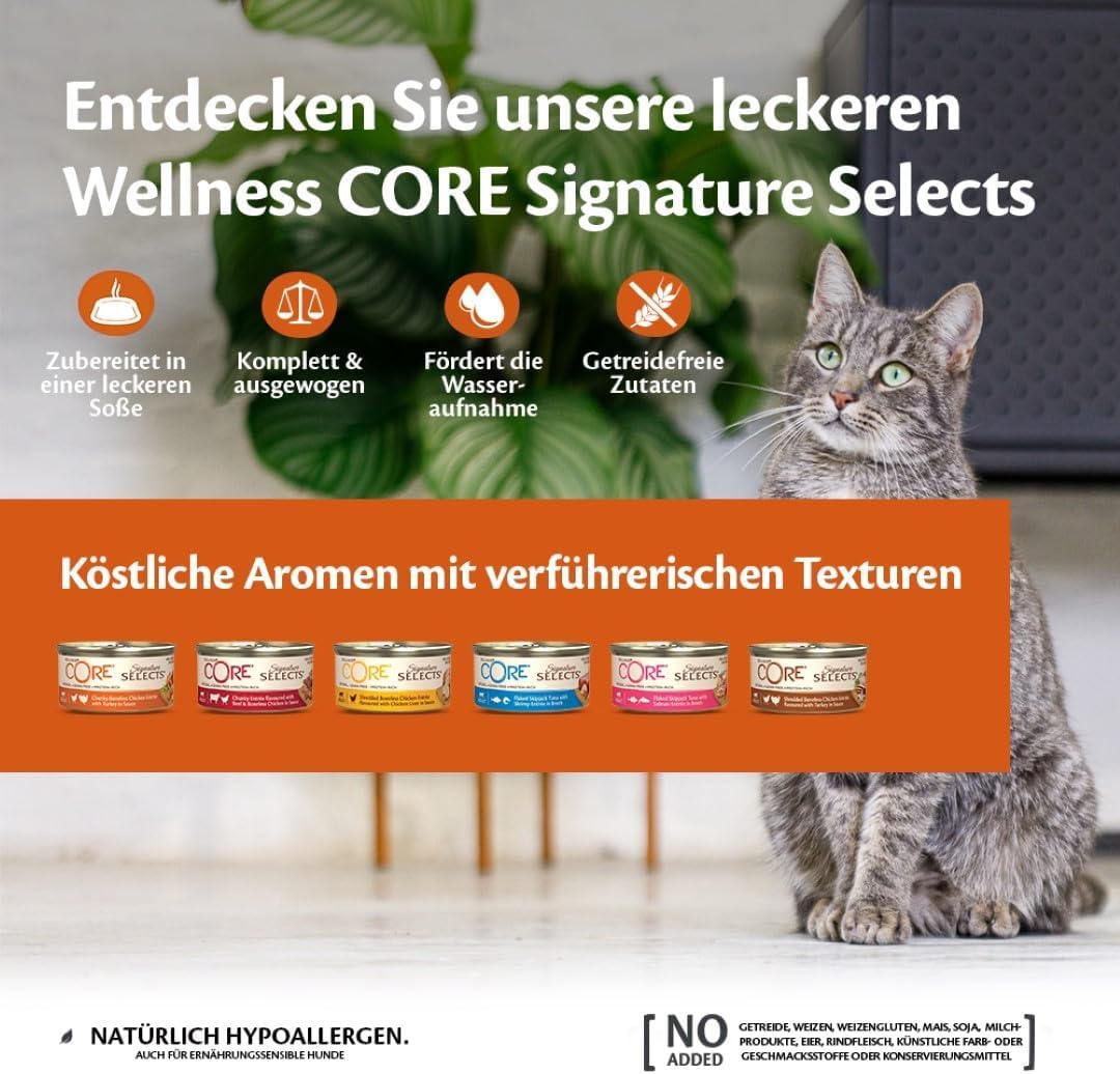 Wellness CORE Signature Selects Fisch-Bündel, 48 x 79g, Flaked Bonito & Garnelen, Flaked Bonito & Lachs, Nassfutter für ausgewachsene Katzen in Brühe, ohne Zuckerzusatz, getreidefrei, mit hohem Fleisc
