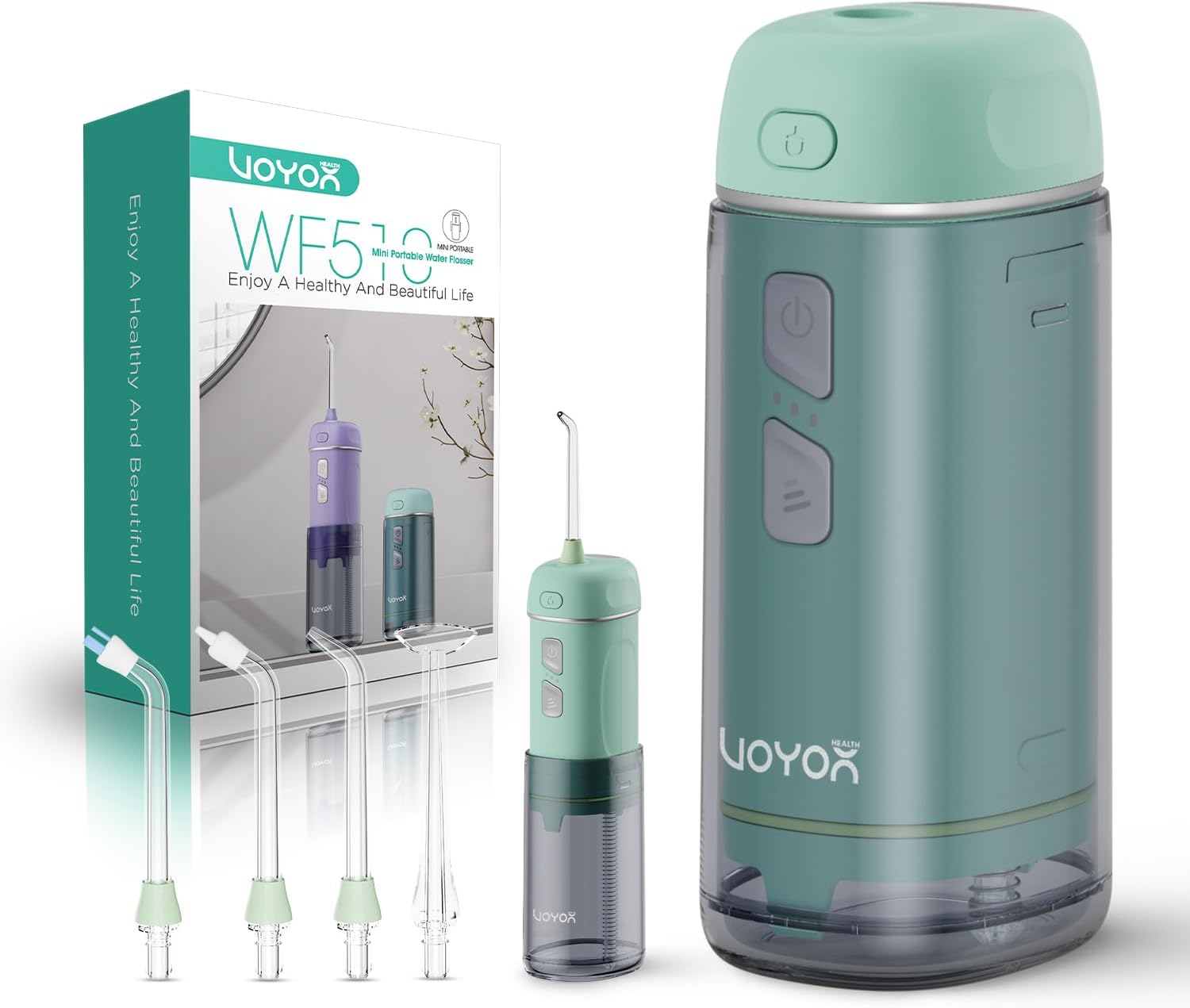 VOYOR-HEALTH Portable Water Flosser Cordless, Mini Travel Oral Irrigator with Telescopic Water Tank, IPX7 Waterproof Water Dental Flosser for Teeth Cleaning Braces & Dental Care WF510 (Light Green)