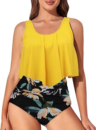 Summer Mae Women's Tankini Swimsuit Ruffle Flounce Top High Waisted Bottom Bikini Set Tummy Control Bathing Suit Green Leaf Printed Small