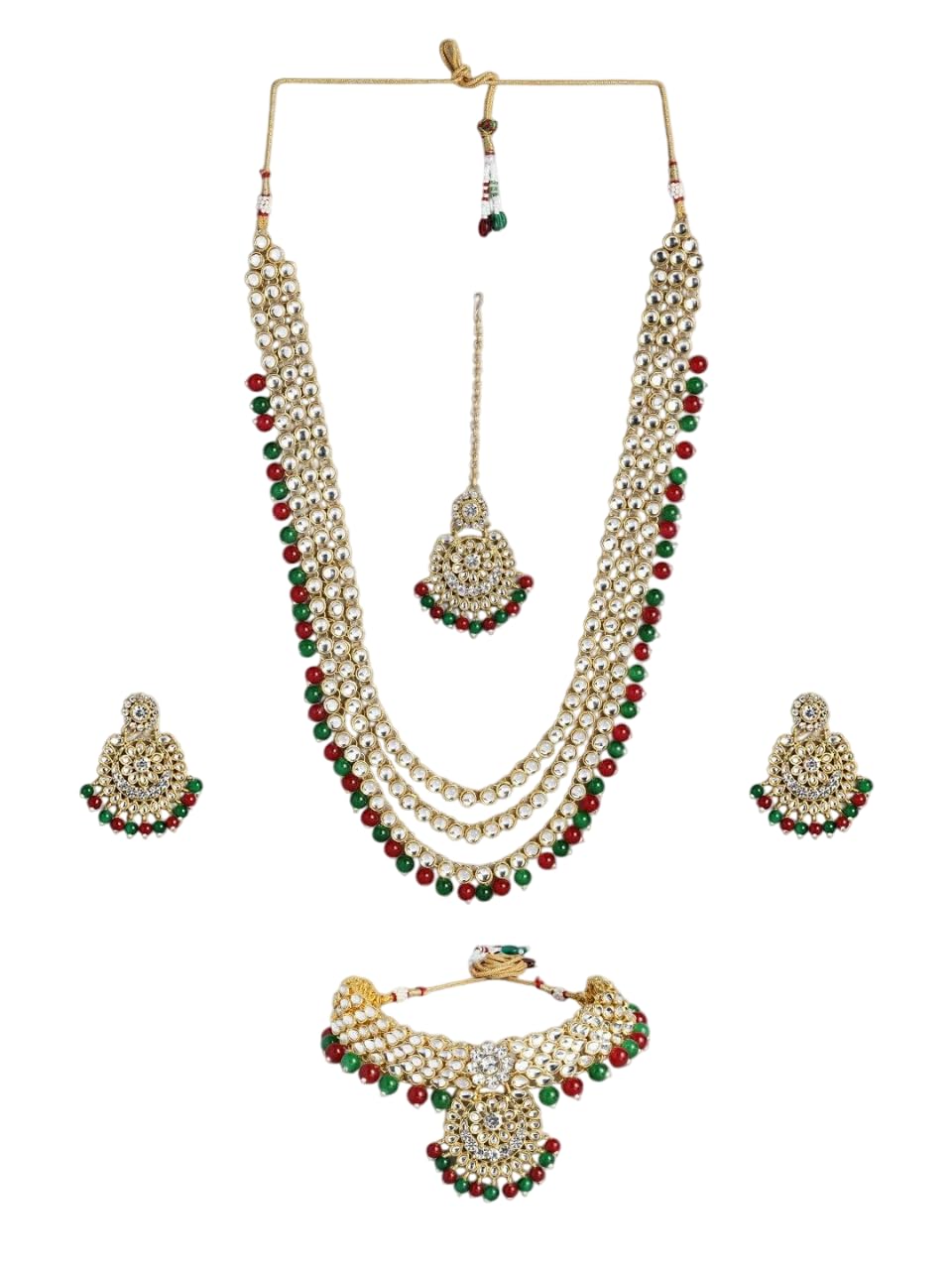 DMZ-3992 - Juego de collar y aretes de novia chapados en oro de 18 quilates con cuentas Kundan, S, Latón