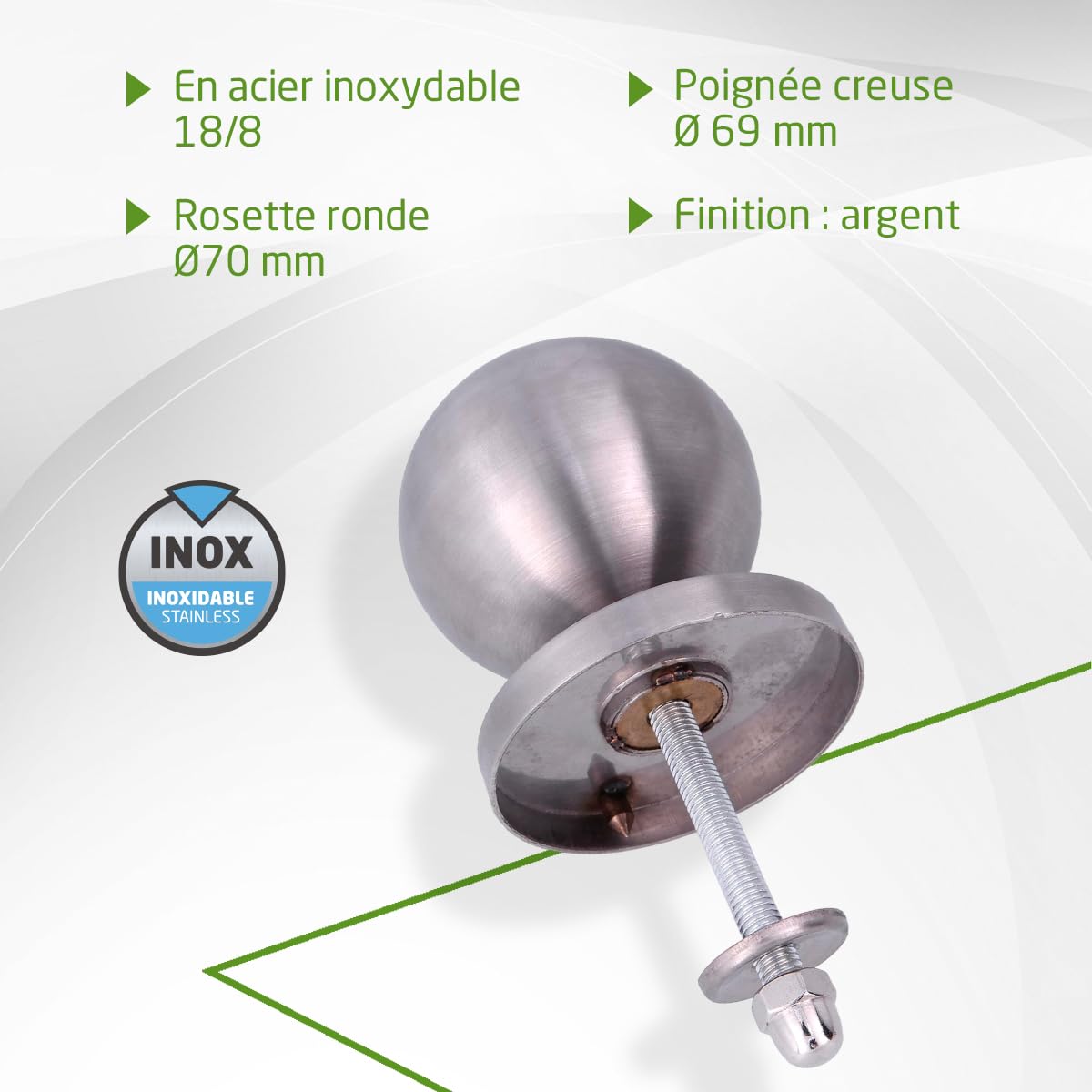 Amig – Bouton de porte fixe pour portes extérieures – Bouton décoratif en acier inoxydable pour installation sur un seul côté – Bouton Ø70 mm base Ø92 mm – Acier inoxydable – Finition argent – Mod. 56
