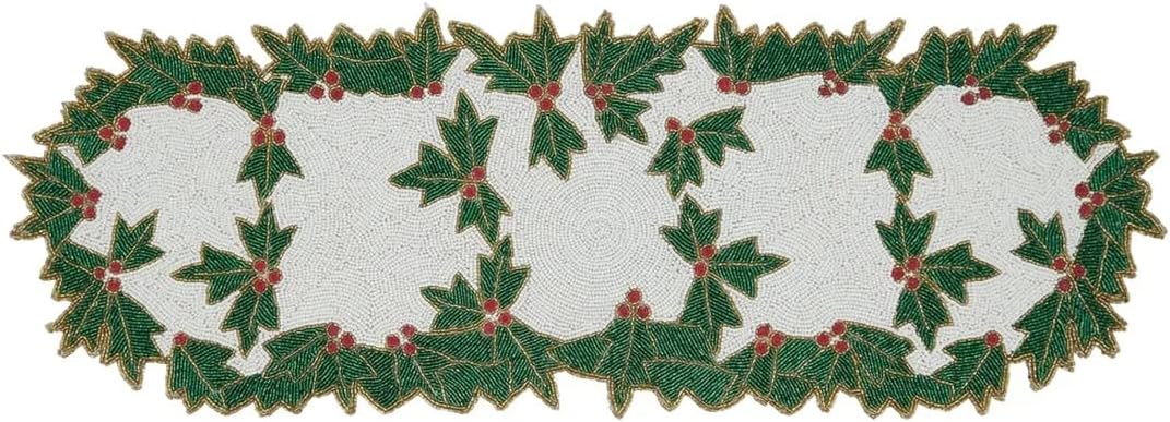 Fennco Styles Hand Beaded Holly Design Table Runner 13" W x 36" L - White/Green Christmas Table Cover for Home Décor, Holidays, Family Gatherings, Banquets and Special Occasion