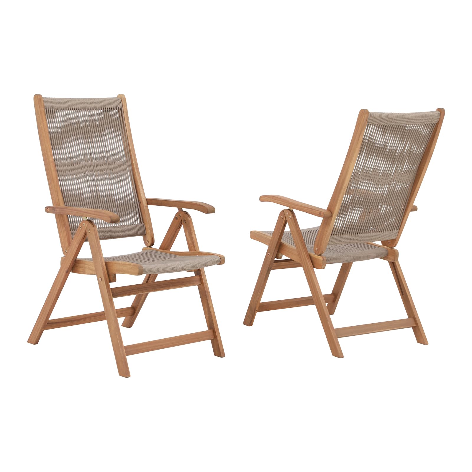 OC Orange-Casual Folding Patio Dining Chair Set of 2, Outdoor Acacia Wooden Rope Reclining Chair w/Armrest, Solid Wood, for Porch, Backyard, Garden,