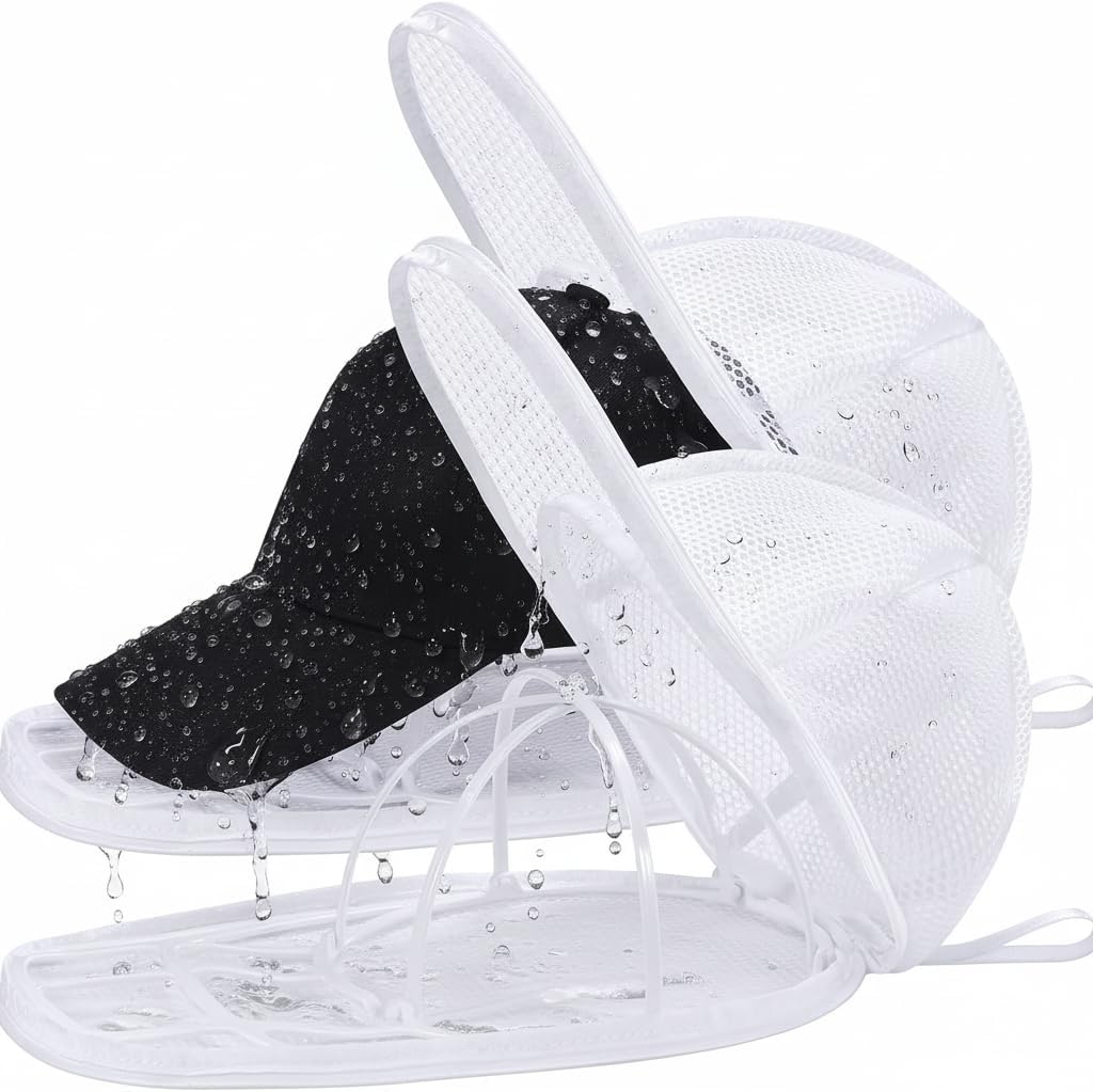 MAGTSMEI Hat Washer Cage, Detachable Folding Plastic Frame & Mesh Bag for Baseball, Wide-Brim Hats, Machine Wash Safe for Sports, Travel, Family Use (Black, 1PC)