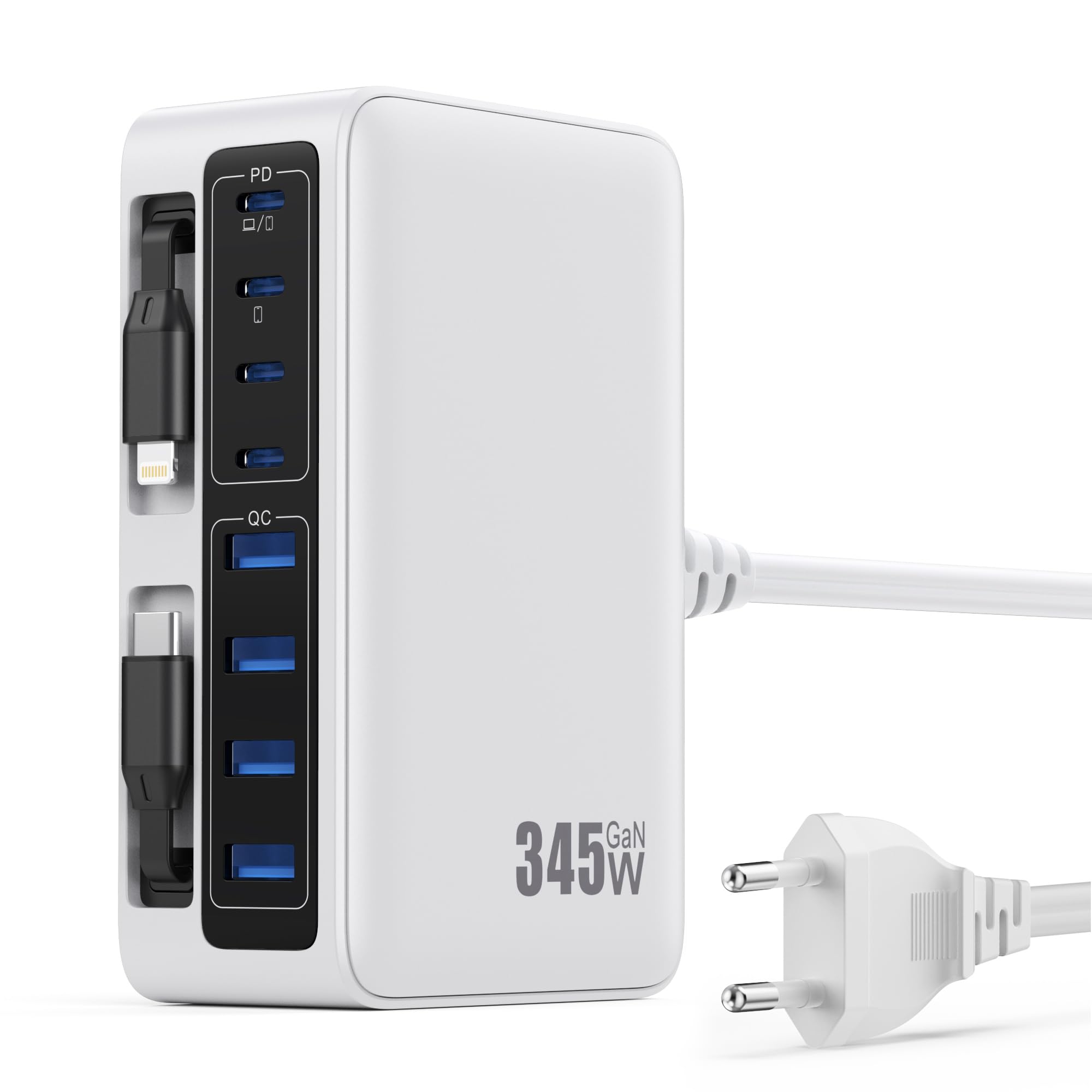 345W Cargador USB C Multiple con Cable Retráctil, 10-en-1 GAN Vi Cargador Carga Rápida PD/PPS/QC Enchufes USB C Alimentador Universal USB C Charger para MacBook Pro/Air, iPhone, Sam Sung (Blanco)