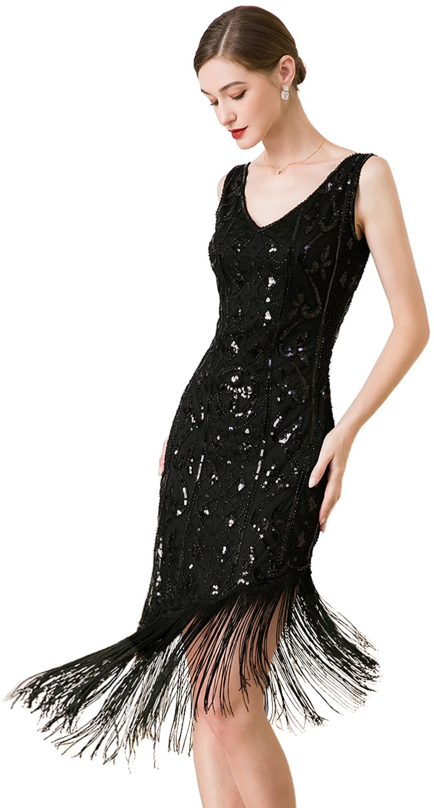 Women Flapper Dresses 1920s V Neck Beaded Fringed Great Gatsby Club &amp; Night Out Dresses