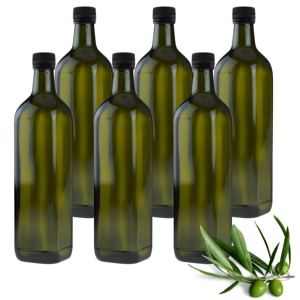 mikken Lot de 6 bouteilles d'huile de 750 ml avec bec verseur, vert/marron, bouteille en verre avec doseur et étiquettes