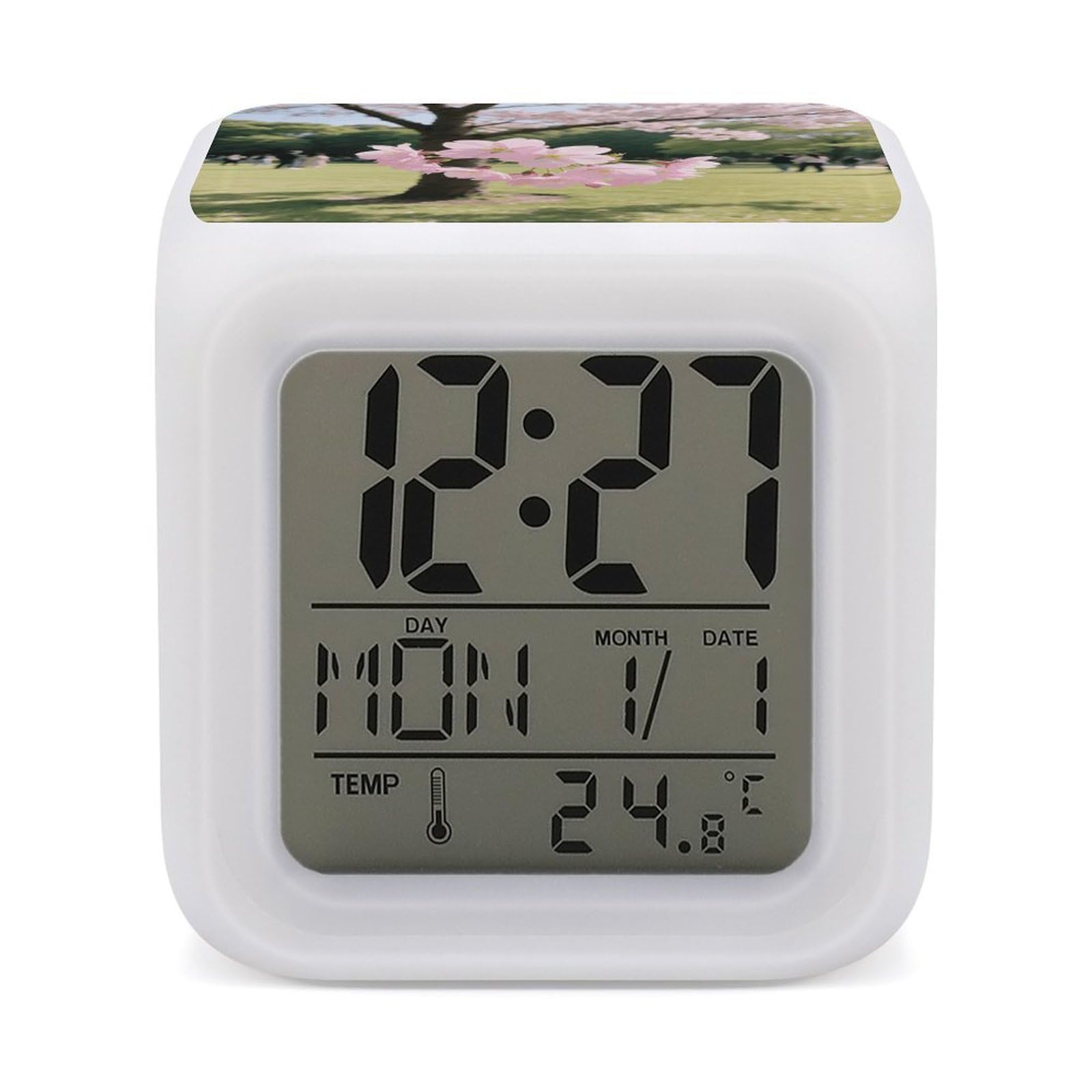 VstaDank Cherry Blossom Alarm Clock with Date Temperature Large LED Display Number Clocks with 7 Colors Changing Desk Clock Battery Operated Digital Clocks with Date for Heavy Sleepers