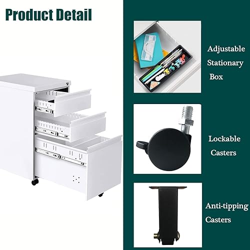 Miniatura 4 de Archivador móvil de 3 cajones con cerradura, archivador de almacenamiento de oficina para tamaño legalcarta, archivador de metal premontado excepto