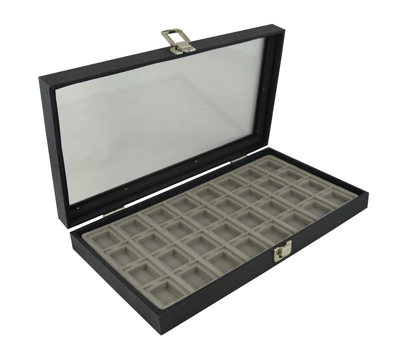 Box Displays Grey Glass Top Display Case With A Snap Close Lid & A Choice Of Flocked Jewellery Coin Medal Display Insert (Case With 32 Puff Pad Compartments)