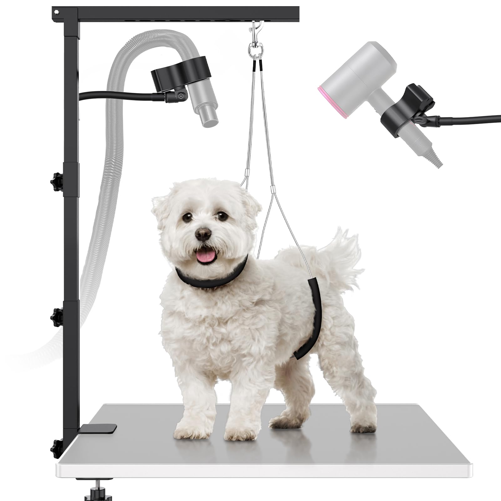 Dog Grooming Arm with Hair Dryer Stand, Adjustable 37'' Dog Grooming Table Arm with Clamp & Dogs Restraints for Grooming Small Medium Dogs Cats,