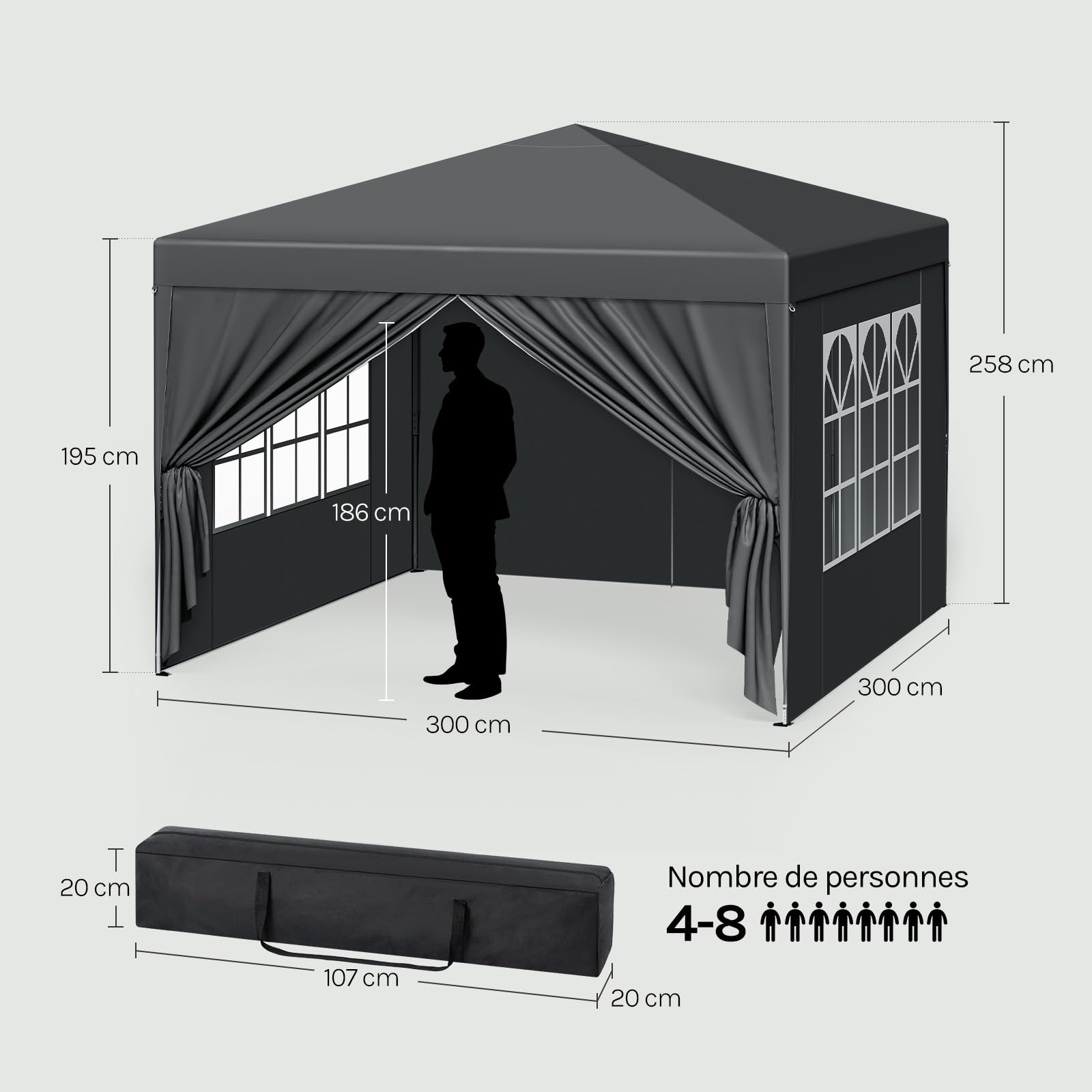WOLTU Tonnelle Pliable 3x3m Anthracite avec Un Chiffon Sac de Transport