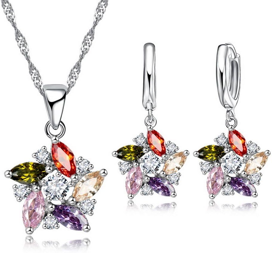 Colorful Windmill Flower Crystal Necklace Earrings Woman Cute Pendant Jewelry Set (Multicolor)