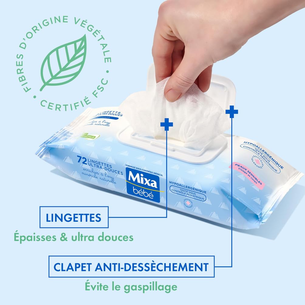 Mixa Bébé Lingettes à l'Eau Minérale Naturelle - Fibres Végétales - Hypoallergénique - Lot de 12 x 72