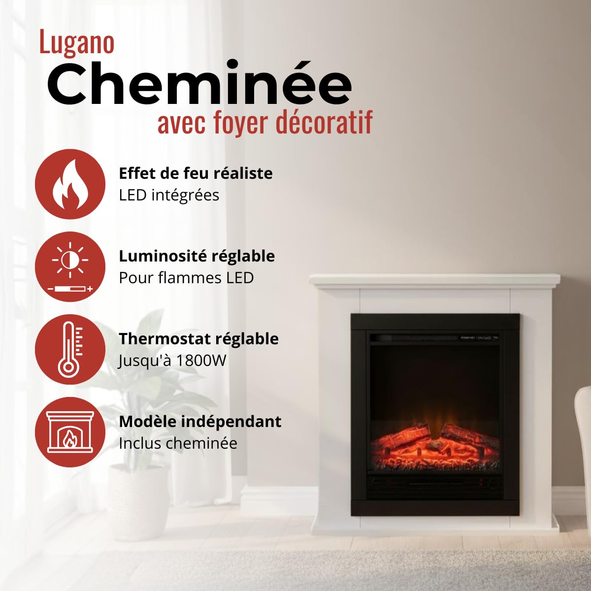 Cheminee Electrique Effet Flamme Lugano 1800W - Cheminée Décorative avec Télécommande et Minuterie - Chauffage Electrique Poêle Électrique Autoportant - Blanc